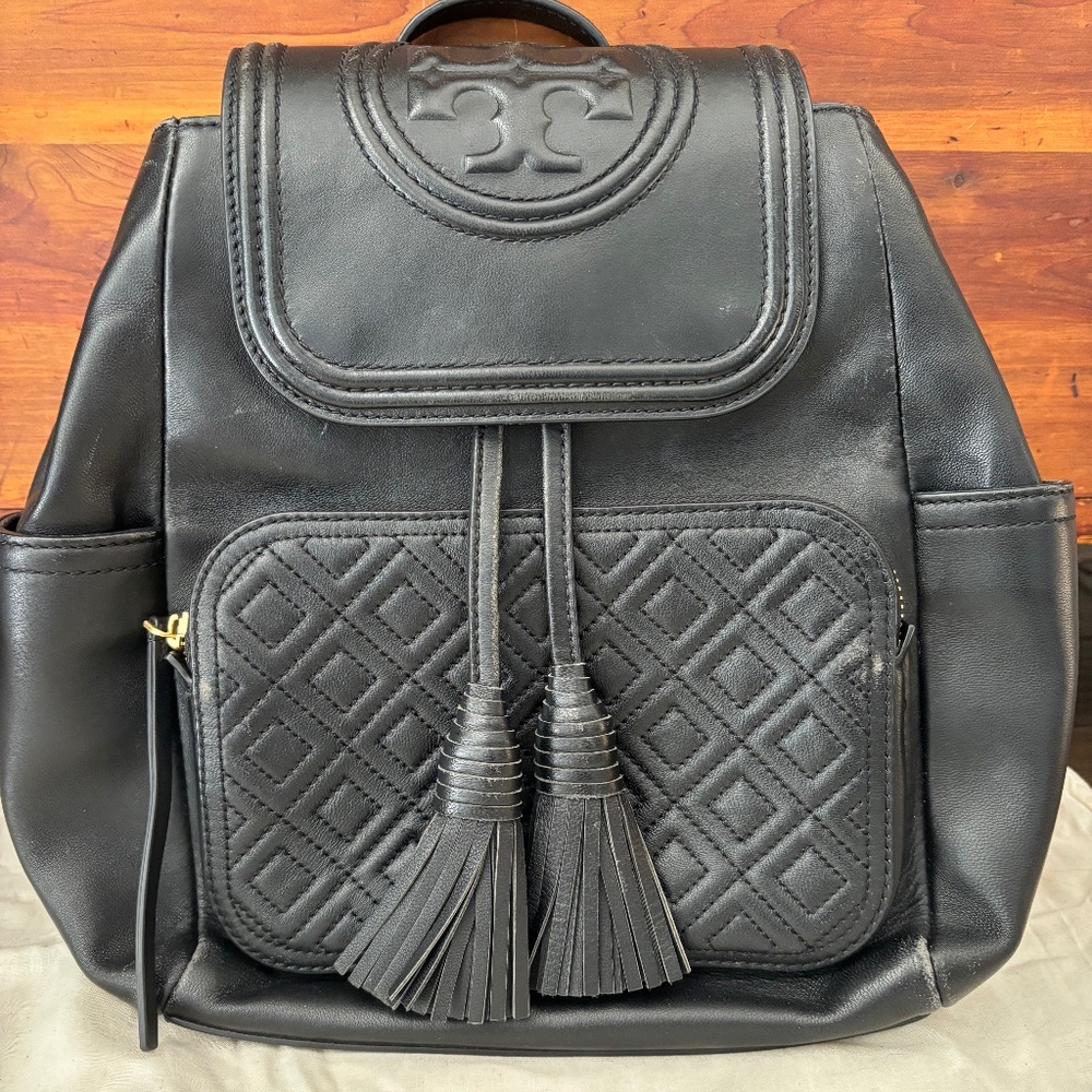 Tory Burch Black Quilted Leather Fleming Drawstring Backpack